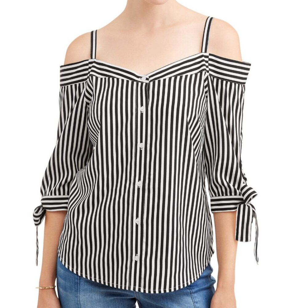 NEW (1X) Miss Lili Women's Black/White Striped Cold Shoulder Blouse (2967)